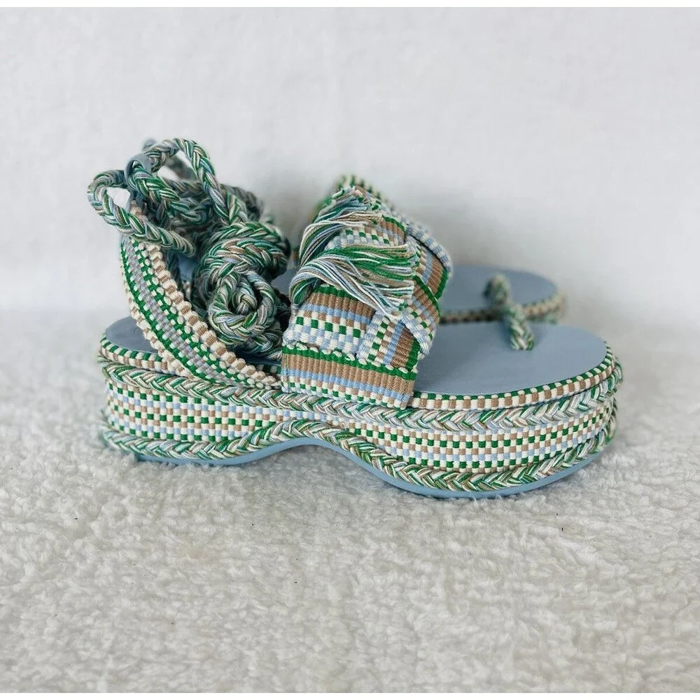Anthropologie Amambaih Women Manuela Green Strappy Wedge Sandals Shoe EU 38 US 7